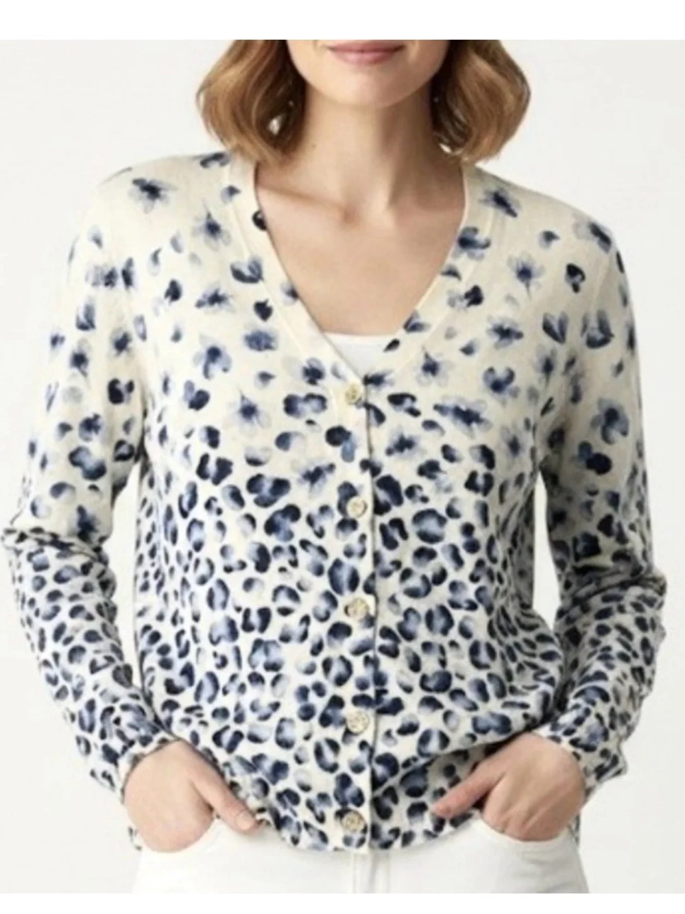 Tory Burch 100% Merino Wool Floral Leopard Print V-Neck Cardigan Sweater,Size XS